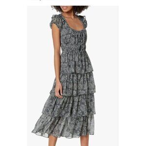 Likely Womens Moss Tiered Midi Dress Floral Short Sleeves & Square Neck Size 2